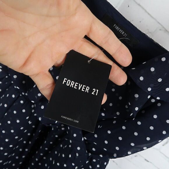 FOREVER 21 NAVY BLUE SPAGHETTI STRAP V NECK MIDI POLKA DOT DRESS SIZE SMALL NWT - Picture 3 of 8